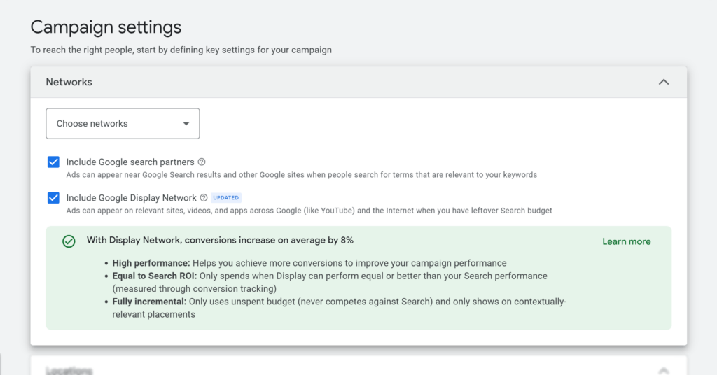Network settings google ads